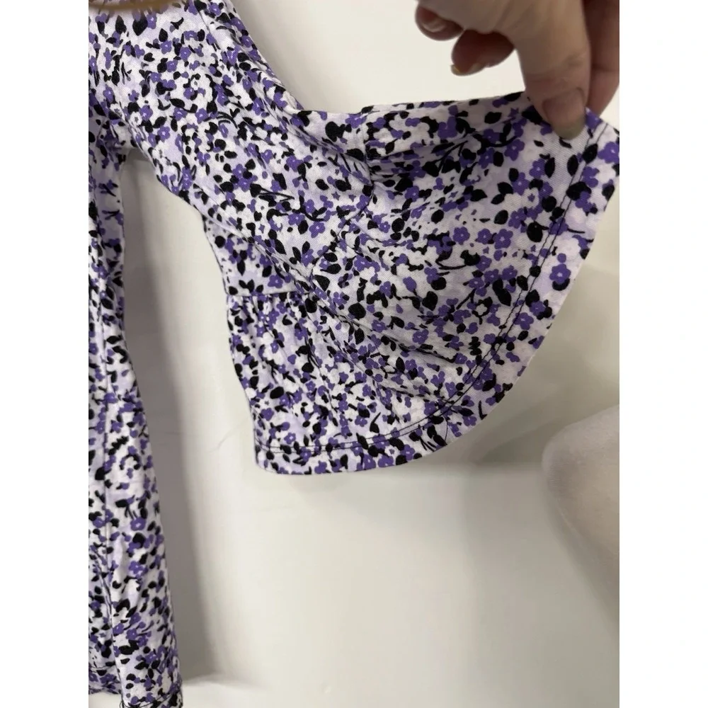 Michael Kors Women's XL Purple Floral Pebbles Peasant Romantic Knit Blouse Shirt